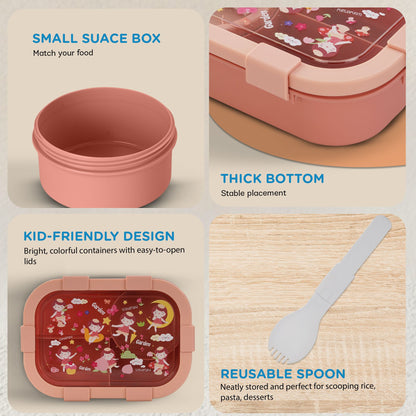 Baybee Fairy Garden Kids Lunch Box with 4 Compartments & Sauce Container | BPA-Free Airtight Bento Box 1000ml + 250ml with 6-Side Locking System | Hot Food Tiffin Box for School Kids Boys,Girls (Pink)
