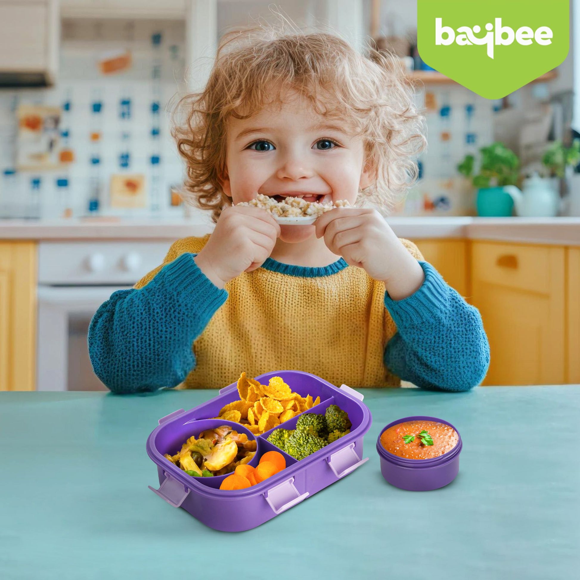 BAYBEE Unicorn Kids Lunch Box with 4 Compartments & Sauce Container | BPA-Free Airtight Bento Box 1000ml + 250ml with 6-Side Locking System | Hot Food Tiffin Box for School Kids Boys, Girls (Purple)