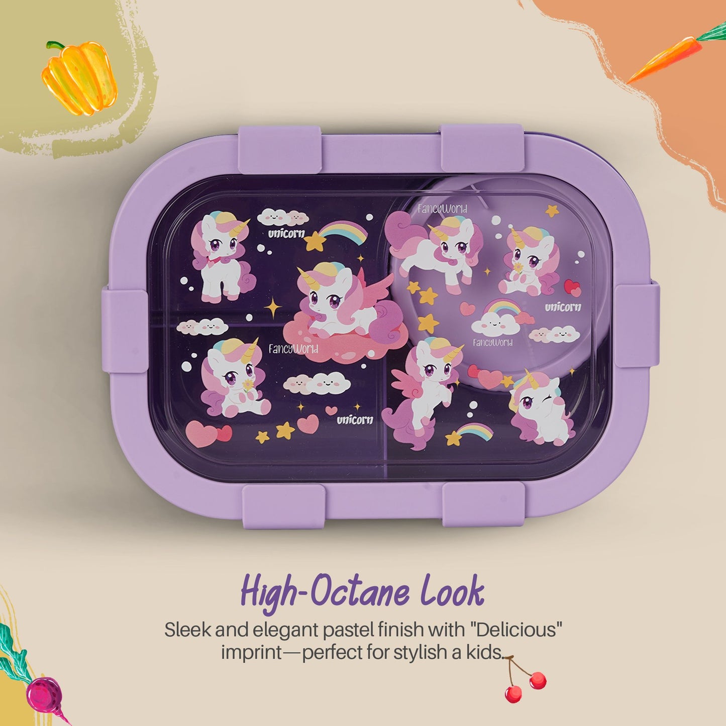 BAYBEE Unicorn Kids Lunch Box with 4 Compartments & Sauce Container | BPA-Free Airtight Bento Box 1000ml + 250ml with 6-Side Locking System | Hot Food Tiffin Box for School Kids Boys, Girls (Purple)