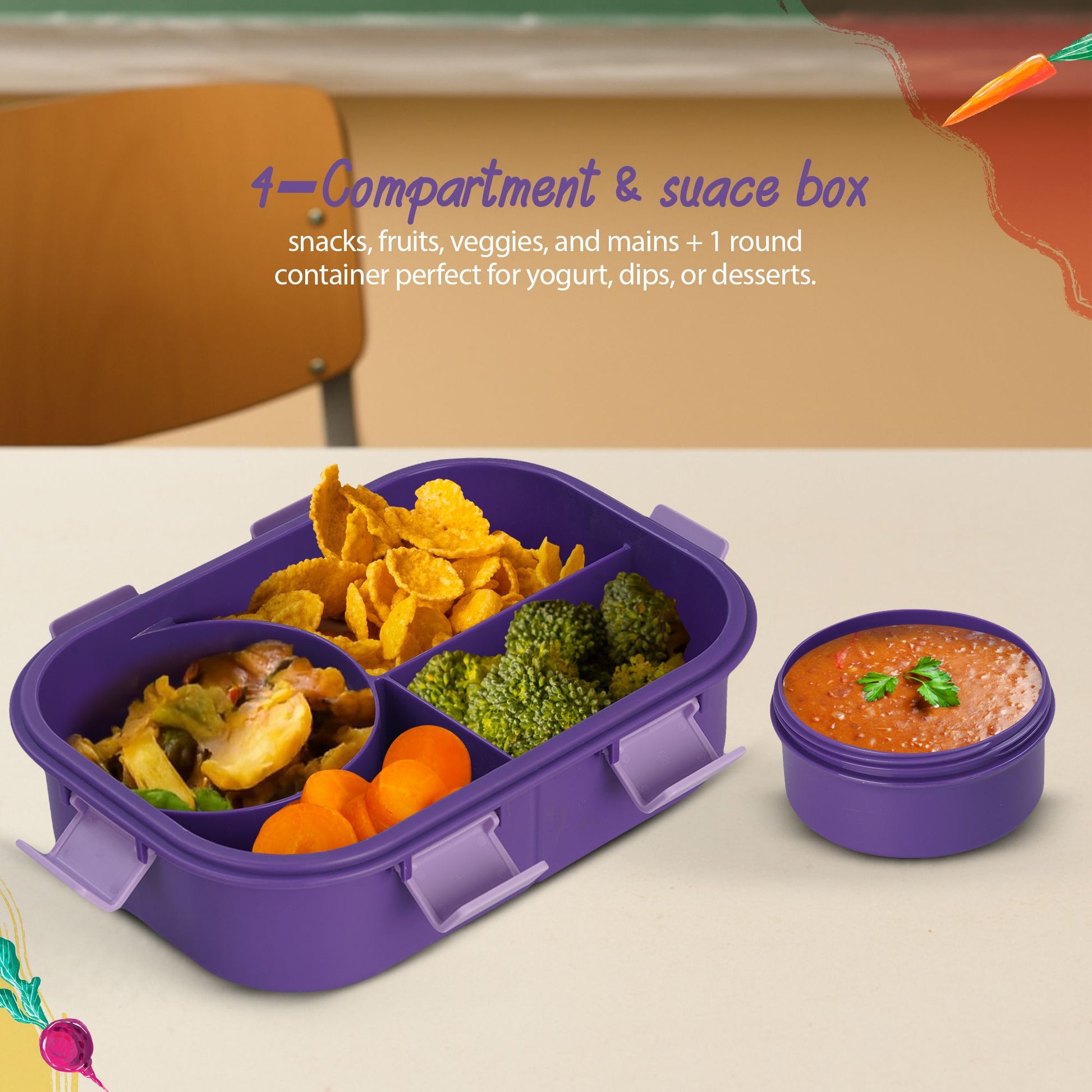 BAYBEE Unicorn Kids Lunch Box with 4 Compartments & Sauce Container | BPA-Free Airtight Bento Box 1000ml + 250ml with 6-Side Locking System | Hot Food Tiffin Box for School Kids Boys, Girls (Purple)