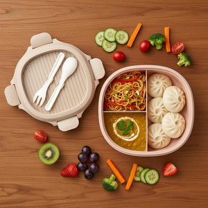 BAYBEE Lunch Box for Kids 3 Compartment with Spoon & Fork | BPA Free Food Grade Leak Proof Tiffin Box for School, Office, College | Hot Microwave & Dishwasher Safe Lunchbox Kids, Adults 1100ml (Pink)