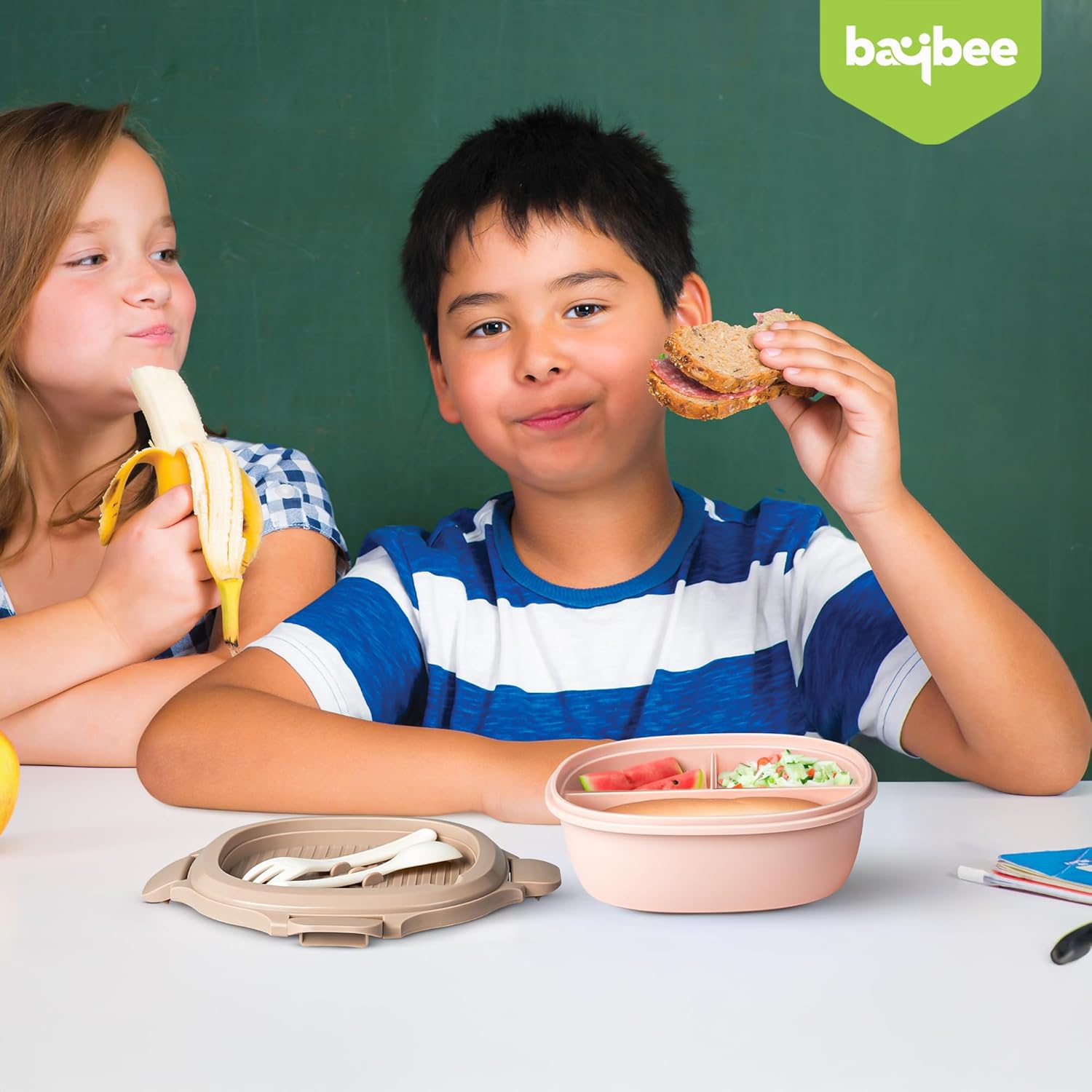 BAYBEE Lunch Box for Kids 3 Compartment with Spoon & Fork | BPA Free Food Grade Leak Proof Tiffin Box for School, Office, College | Hot Microwave & Dishwasher Safe Lunchbox Kids, Adults 1100ml (Pink)