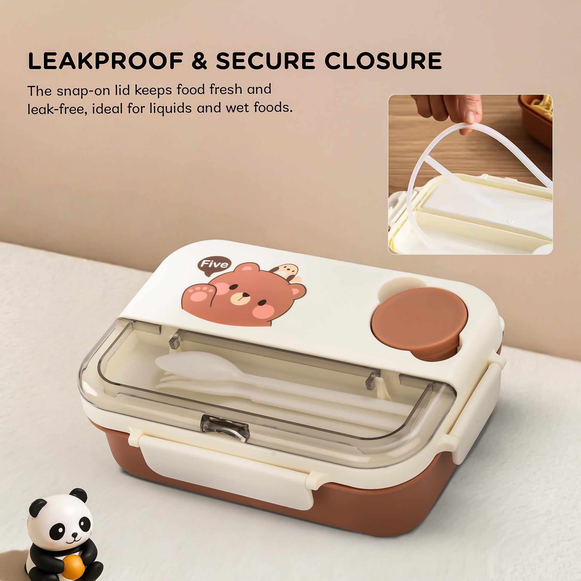 BAYBEE Bentozo Kids Lunch Box 900ml Stainless Steel Lunch Box for School, College & Office | Leak Proof Tiffin Box for Kids, Men & Women | Hot Food Container 3 Partition Box with Spoon & Fork (Brown)