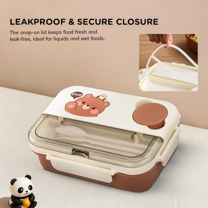 BAYBEE Bentozo Kids Lunch Box 900ml Stainless Steel Lunch Box for School, College & Office | Leak Proof Tiffin Box for Kids, Men & Women | Hot Food Container 3 Partition Box with Spoon & Fork (Brown)