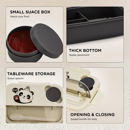 BAYBEE Bentozo Kids Lunch Box 900ml Stainless Steel Lunch Box for School, College & Office | Leak Proof Tiffin Box for Kids, Men & Women | Hot Food Container 3 Partition Box with Spoon & Fork (Black)