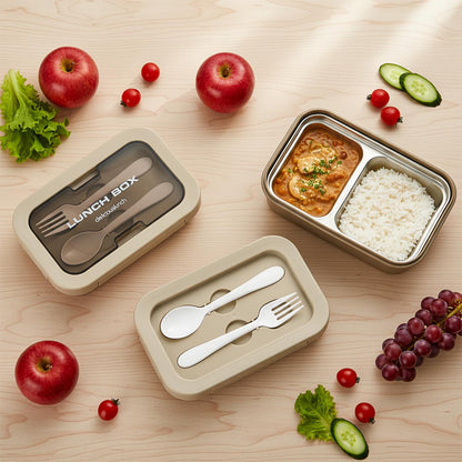 BAYBEE Kids Lunch Box 800ml | Leak-Proof & Microwave Safe 4-Side Lock BPA-Free Tiffin Box | Detachable Stainless Steel Plate, Spoon & Fork Included | Durable Lunch Box for School & Office (Beige)