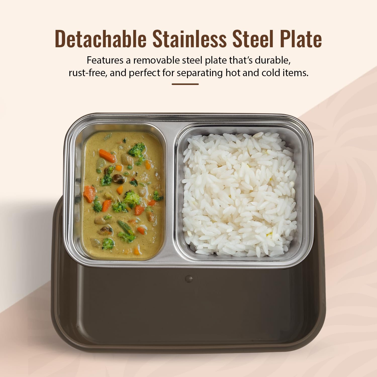 BAYBEE Kids Lunch Box 800ml | Leak-Proof & Microwave Safe 4-Side Lock BPA-Free Tiffin Box | Detachable Stainless Steel Plate, Spoon & Fork Included | Durable Lunch Box for School & Office (Beige)
