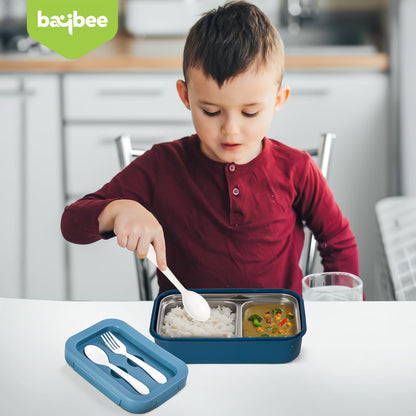 BAYBEE Kids Lunch Box 800ml | Leak-Proof & Microwave Safe 4-Side Lock BPA-Free Tiffin Box | Detachable Stainless Steel Plate, Spoon & Fork Included | Durable Lunch Box for School & Office (Blue)