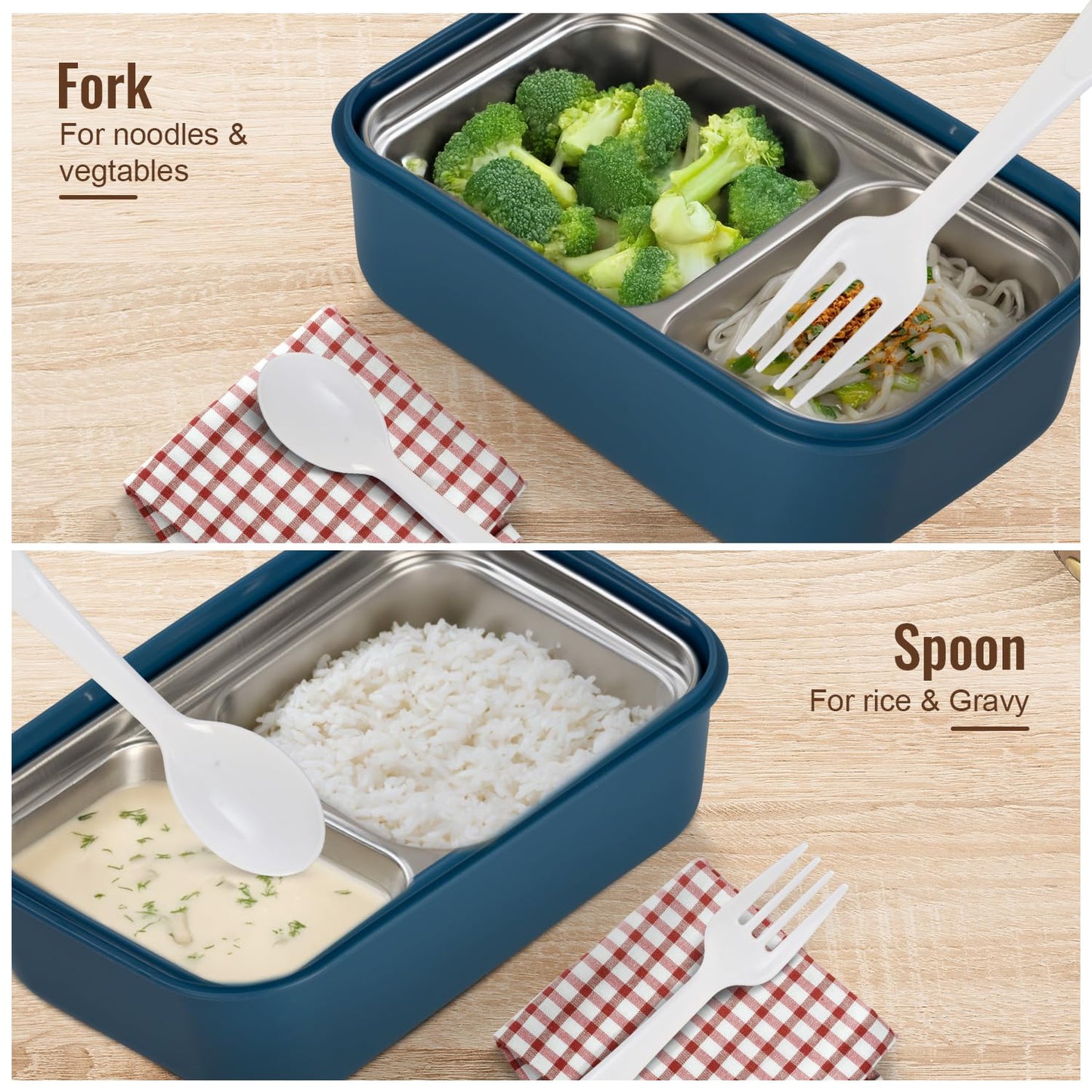 BAYBEE Kids Lunch Box 800ml | Leak-Proof & Microwave Safe 4-Side Lock BPA-Free Tiffin Box | Detachable Stainless Steel Plate, Spoon & Fork Included | Durable Lunch Box for School & Office (Blue)