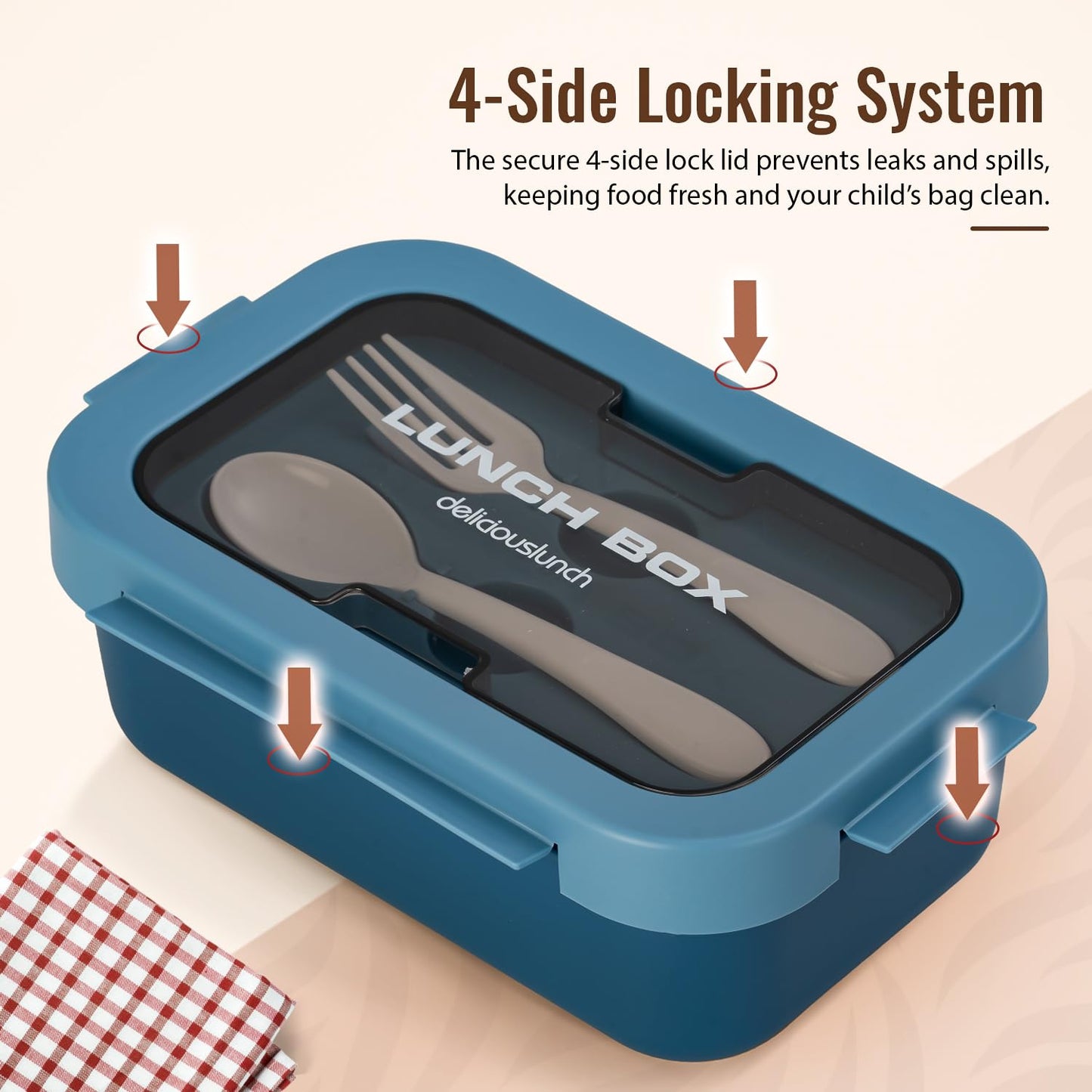 BAYBEE Kids Lunch Box 800ml | Leak-Proof & Microwave Safe 4-Side Lock BPA-Free Tiffin Box | Detachable Stainless Steel Plate, Spoon & Fork Included | Durable Lunch Box for School & Office (Blue)
