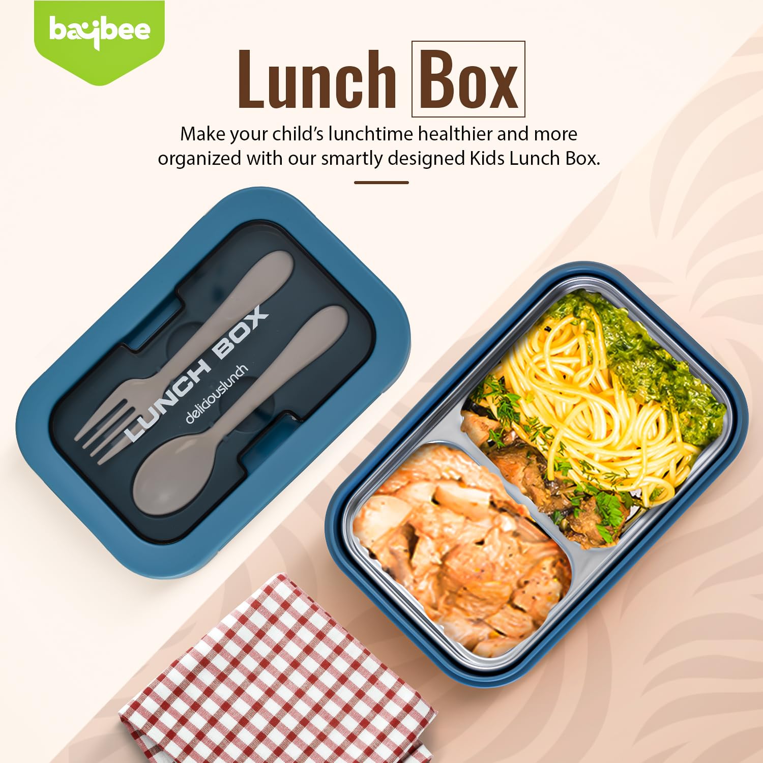 BAYBEE Kids Lunch Box 800ml | Leak-Proof & Microwave Safe 4-Side Lock BPA-Free Tiffin Box | Detachable Stainless Steel Plate, Spoon & Fork Included | Durable Lunch Box for School & Office (Blue)