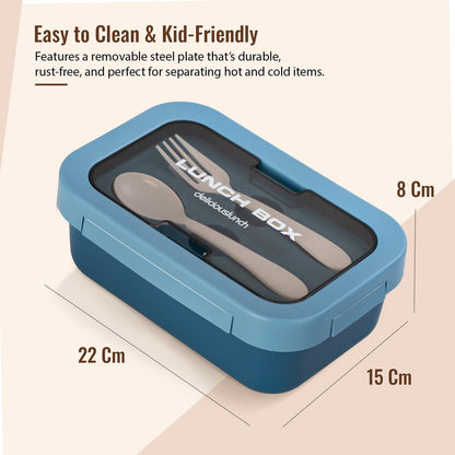 BAYBEE Kids Lunch Box 800ml | Leak-Proof & Microwave Safe 4-Side Lock BPA-Free Tiffin Box | Detachable Stainless Steel Plate, Spoon & Fork Included | Durable Lunch Box for School & Office (Blue)