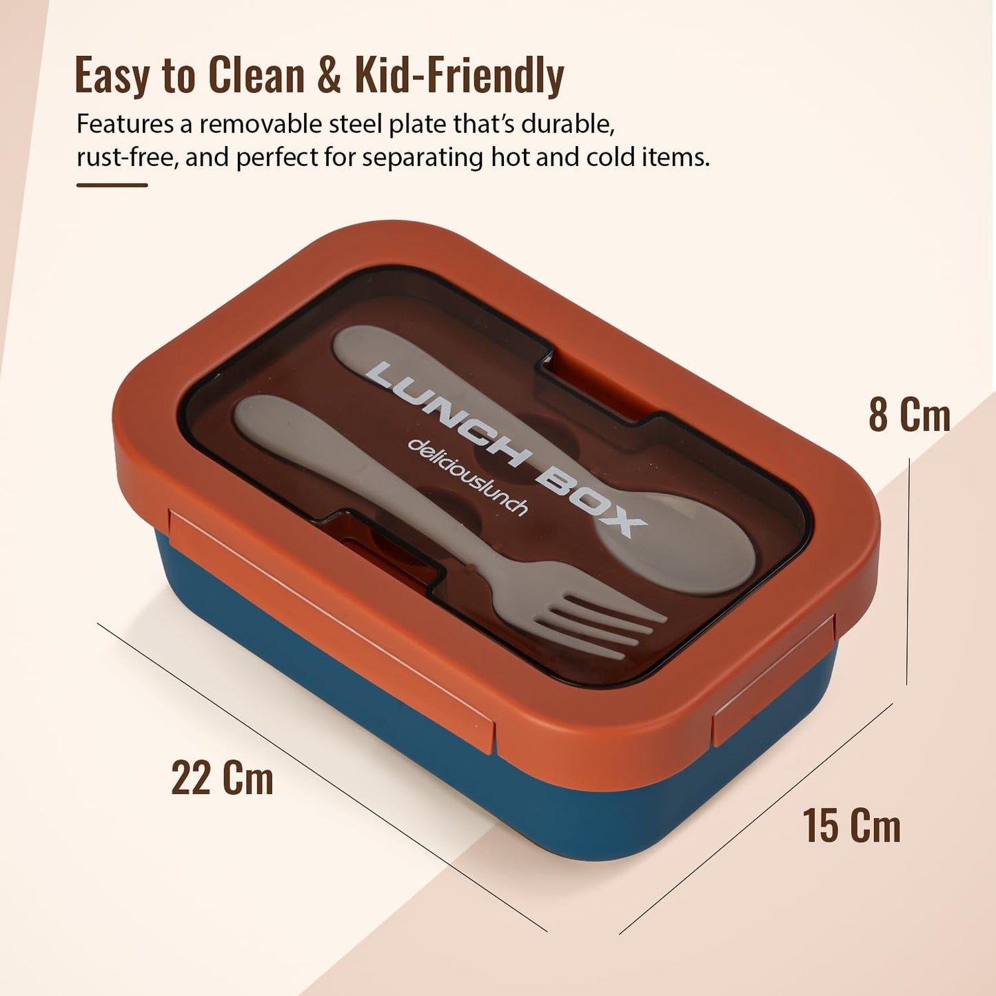 BAYBEE Kids Lunch Box 800ml | Leak-Proof & Microwave Safe 4-Side Lock BPA-Free Tiffin Box | Detachable Stainless Steel Plate, Spoon & Fork Included | Durable Lunch Box for School & Office (Red)