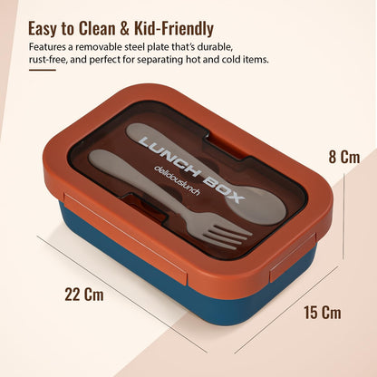 BAYBEE Kids Lunch Box 800ml | Leak-Proof & Microwave Safe 4-Side Lock BPA-Free Tiffin Box | Detachable Stainless Steel Plate, Spoon & Fork Included | Durable Lunch Box for School & Office (Red)