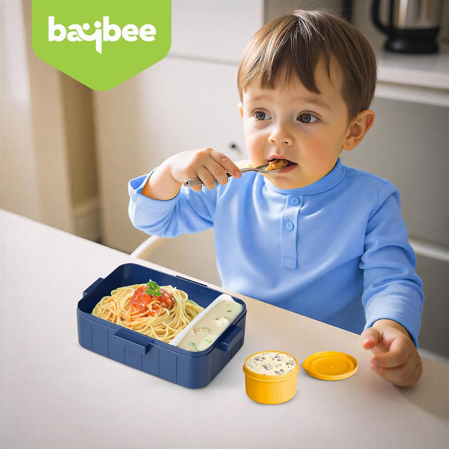 Baybee Astrobit Kids Lunch Box 600ml With Spoon | Cute Dinosaur Design Leak-Proof Tiffin Box with 2 Compartments & Sauce Container | BPA-Free Durable Lunchbox for School, Travel, Snacks & Meals (Blue)