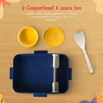 Baybee Astrobit Kids Lunch Box 600ml With Spoon | Cute Dinosaur Design Leak-Proof Tiffin Box with 2 Compartments & Sauce Container | BPA-Free Durable Lunchbox for School, Travel, Snacks & Meals (Blue)