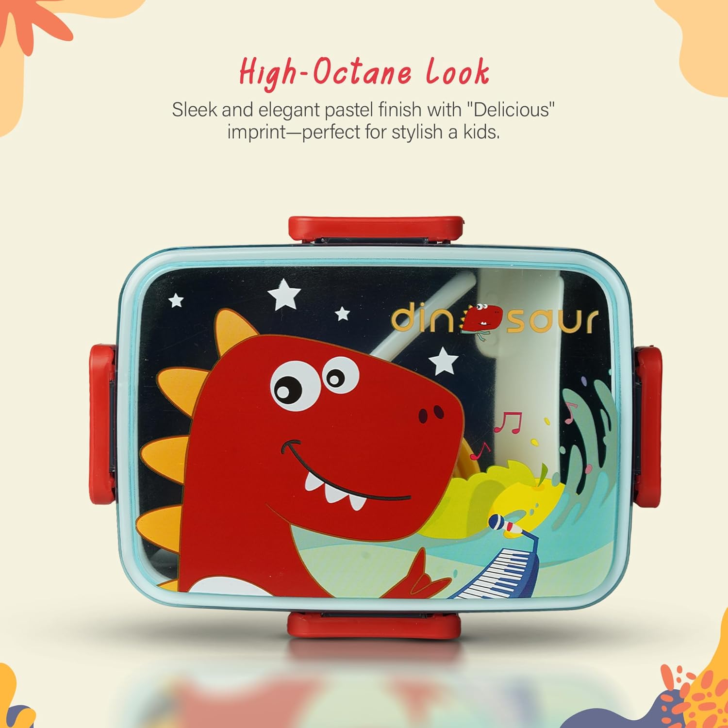 Baybee Astrobit Kids Lunch Box 600ml With Spoon | Cute Dinosaur Design Leak-Proof Tiffin Box with 2 Compartments & Sauce Container | BPA-Free Durable Lunchbox for School, Travel, Snacks & Meals (Blue)