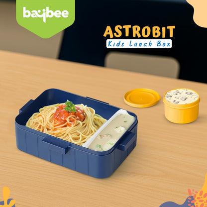 Baybee Astrobit Kids Lunch Box 600ml With Spoon | Cute Dinosaur Design Leak-Proof Tiffin Box with 2 Compartments & Sauce Container | BPA-Free Durable Lunchbox for School, Travel, Snacks & Meals (Blue)