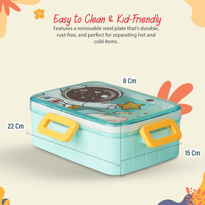 Baybee Astrobit Kids Lunch Box 600ml With Spoon | Cute Astronaut Design Leak-Proof Tiffin Box with 2 Compartments & Sauce Container | BPA-Free Durable Lunchbox for School, Travel,Snacks & Meals(Green)