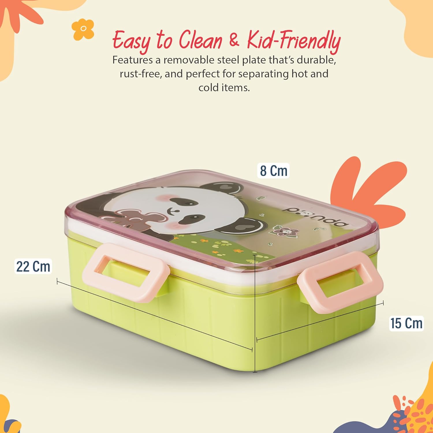 BAYBEE Astrobit Kids Lunch Box 600ml with Spoon | Cute Panda Design Leak-Proof Tiffin Box with 2 Compartments & Sauce Container | BPA-Free Durable Lunchbox for School, Travel, Snacks & Meals (Pink)