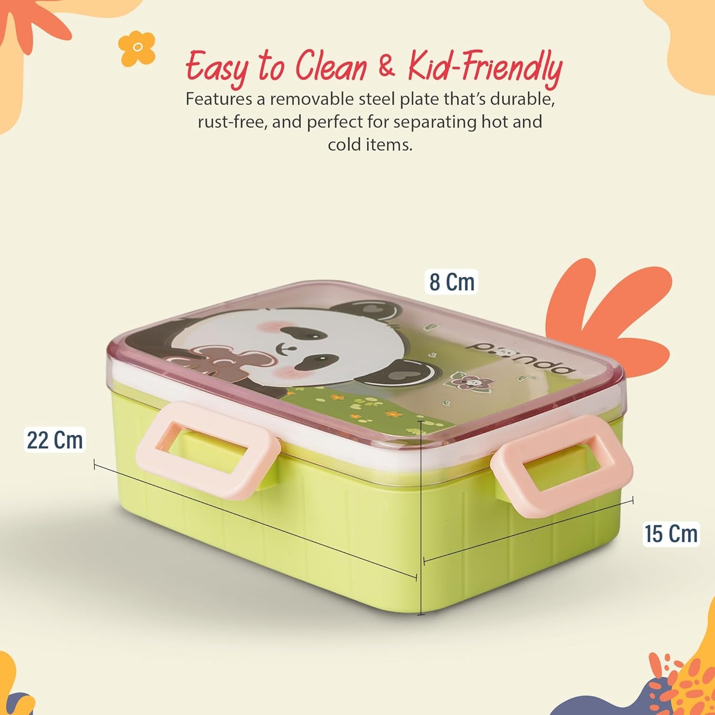 BAYBEE Astrobit Kids Lunch Box 600ml with Spoon | Cute Panda Design Leak-Proof Tiffin Box with 2 Compartments & Sauce Container | BPA-Free Durable Lunchbox for School, Travel, Snacks & Meals (Pink)