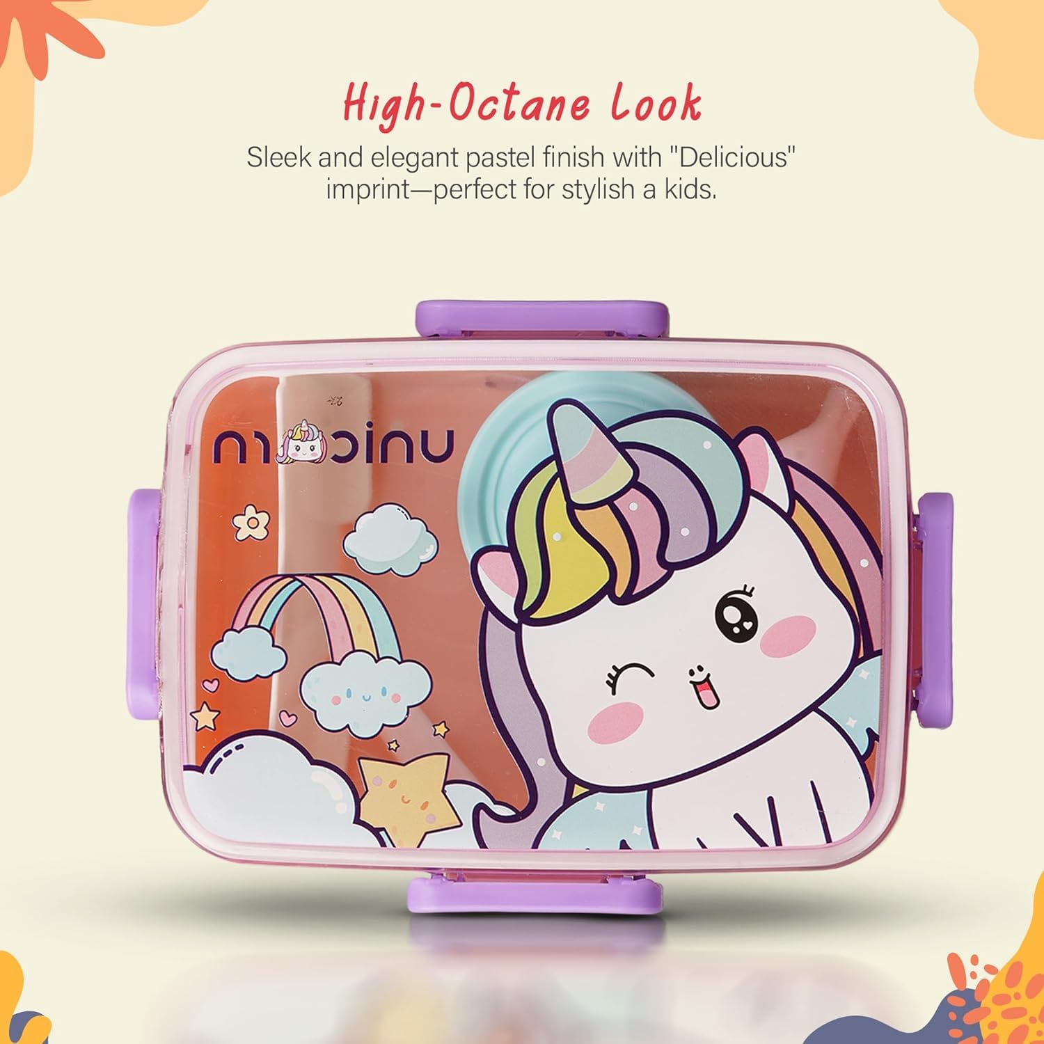 Baybee Astrobit Kids Lunch Box 600ml With Spoon | Cute Unicorn Design Leak-Proof Tiffin Box with 2 Compartments & Sauce Container | BPA-Free Durable Lunchbox for School, Travel,Snacks & Meals (Purple)
