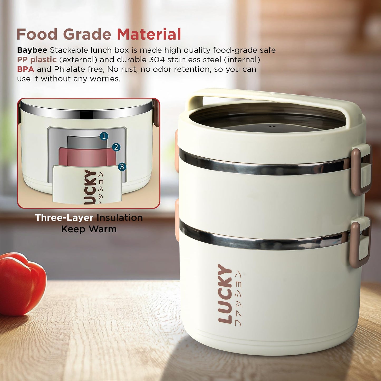 BAYBEE Lucky Lunch Box for Kids & Adults | Stainless Steel Lunch Box for Kids, Men & Women | Leak Proof Tiffin Box for School,College & Office | Hot Microwave Safe Food Container with 3 Boxes, 1700ml