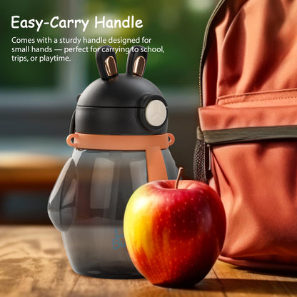 Baybee Lovely Bunnies Kids Water Bottle 600ml | BPA Free & Leakproof Safe Sipper Bottle with Straw | Cute Rabbit Design Smooth Sipping with Handle & Neck Strap,Flip Lid for School Kids & Babys (Black)