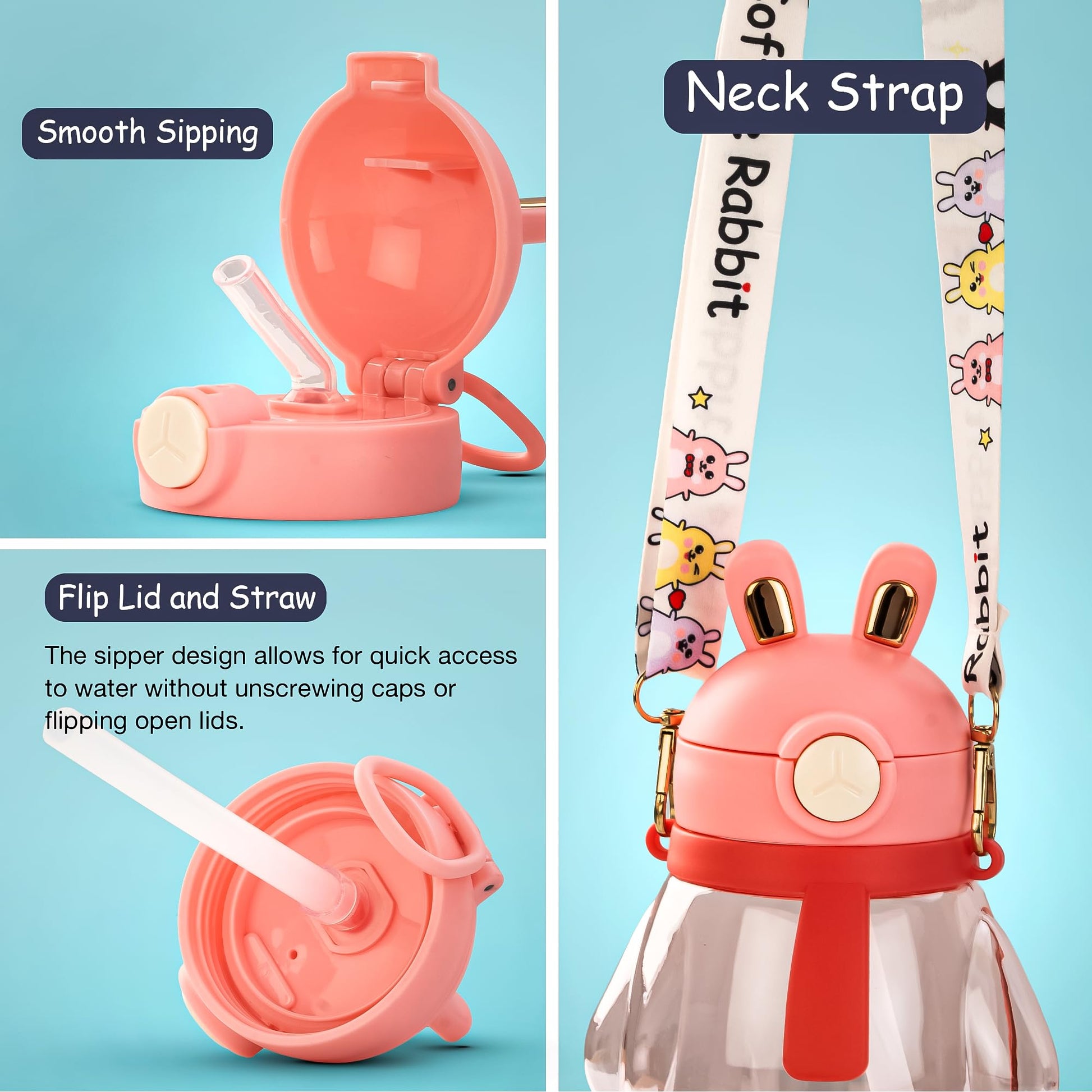 Baybee Lovely Bunnies Kids Water Bottle 600ml | BPA Free & Leakproof Safe Sipper Bottle with Straw | Cute Rabbit Design Smooth Sipping with Handle & Neck Strap, Flip Lid for School Kids & Babys (Pink)