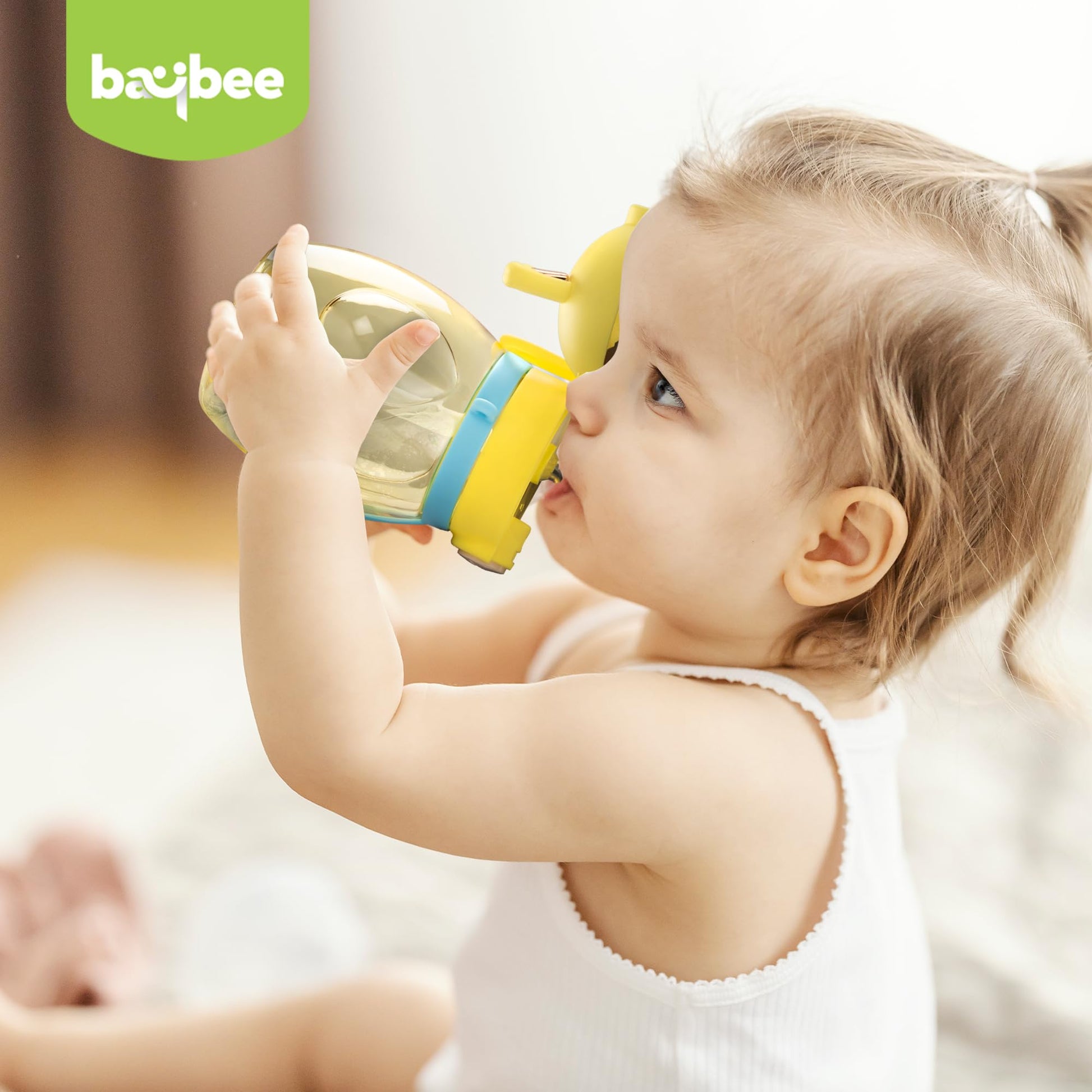 Baybee Lovely Bunnies Kids Water Bottle 600ml | BPA Free & Leakproof Safe Sipper Bottle with Straw | Cute Rabbit Design Smooth Sipping with Handle & Strap, Flip Lid for School Kids & Babys (Yellow)
