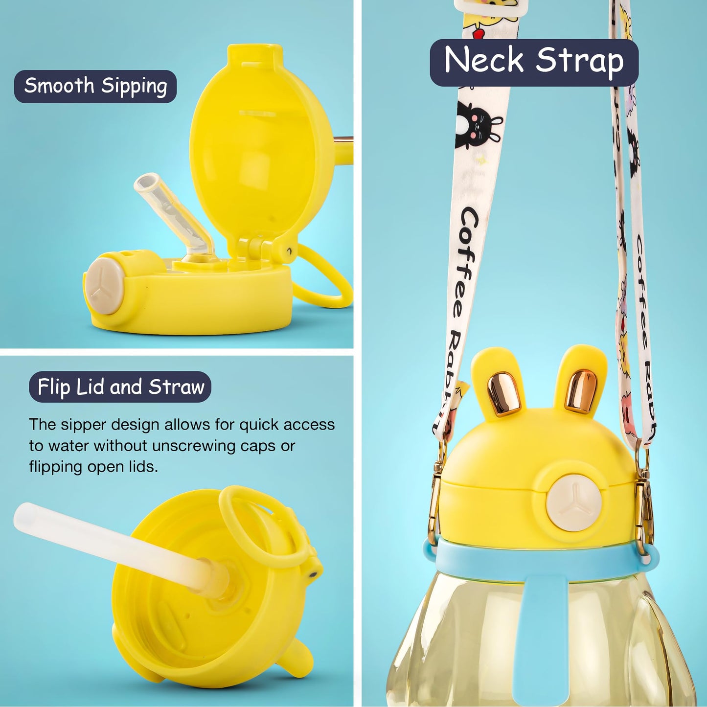 Baybee Lovely Bunnies Kids Water Bottle 600ml | BPA Free & Leakproof Safe Sipper Bottle with Straw | Cute Rabbit Design Smooth Sipping with Handle & Strap, Flip Lid for School Kids & Babys (Yellow)