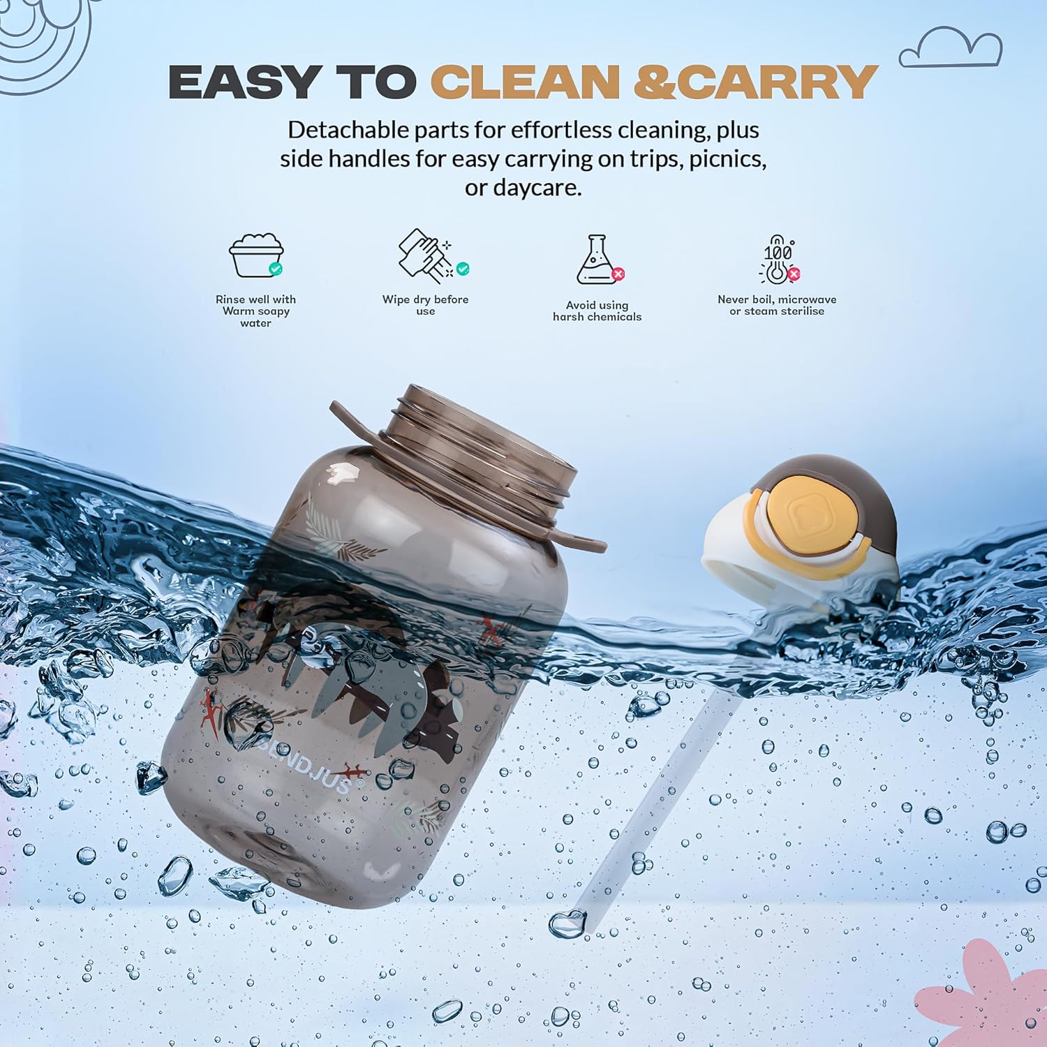 Baybee Univio Baby Sipper Bottle for Kids | Drinking Water Bottle for School Kids with Soft Silicone Straw & Adjustable Strap | Leak Proof BPA-Free 750ml Sippy Water Bottle for Kids,Boys Girls (Brown)