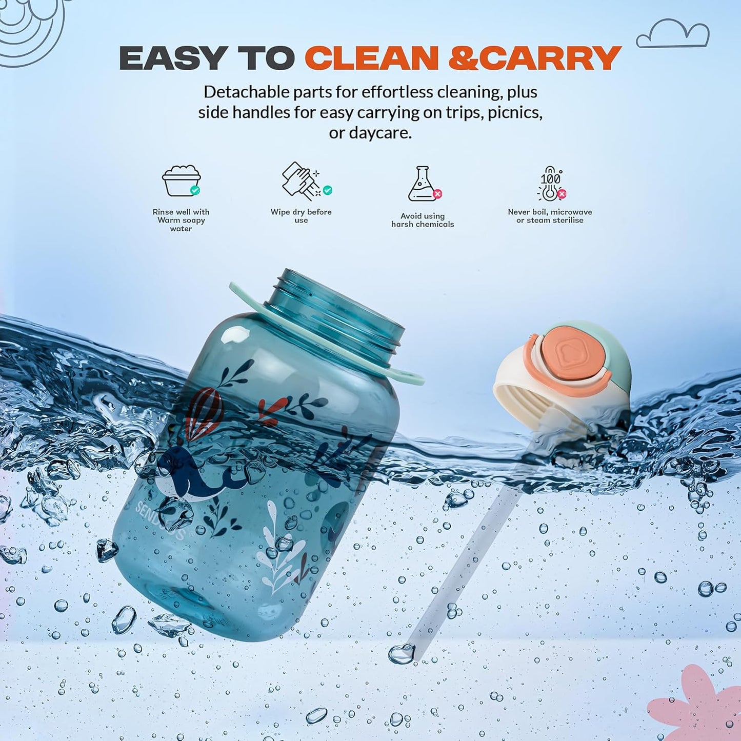 Baybee Univio Baby Sipper Bottle for Kids | Drinking Water Bottle for School Kids with Soft Silicone Straw & Adjustable Strap | Leak Proof BPA-Free 750ml Sippy Water Bottle for Kids,Boys Girls (Green)