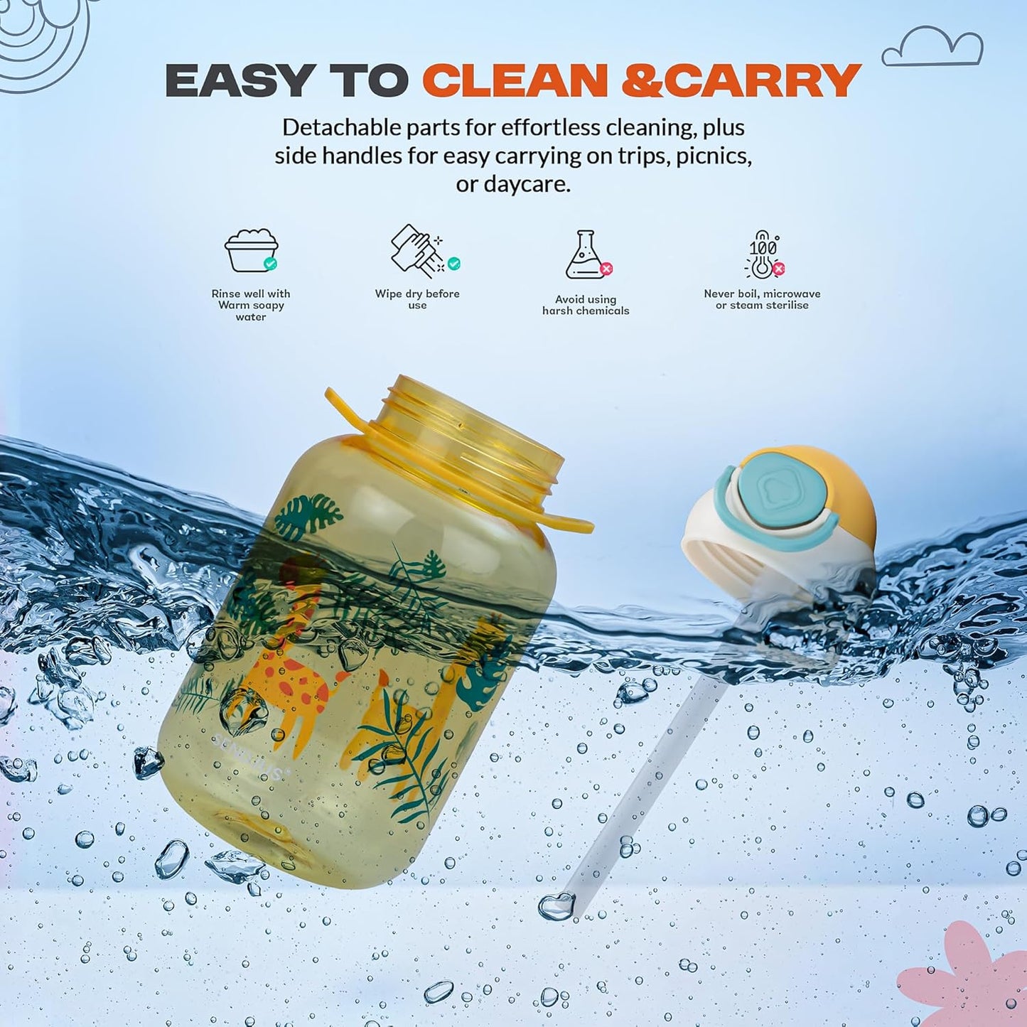 Baybee Univio Baby Sipper Bottle for Kids | Drinking Water Bottle for School Kids with Soft Silicone Straw & Adjustable Strap | Leak Proof BPA-Free 750ml Sippy Water Bottle for Kids,Boys Girls(Yellow)