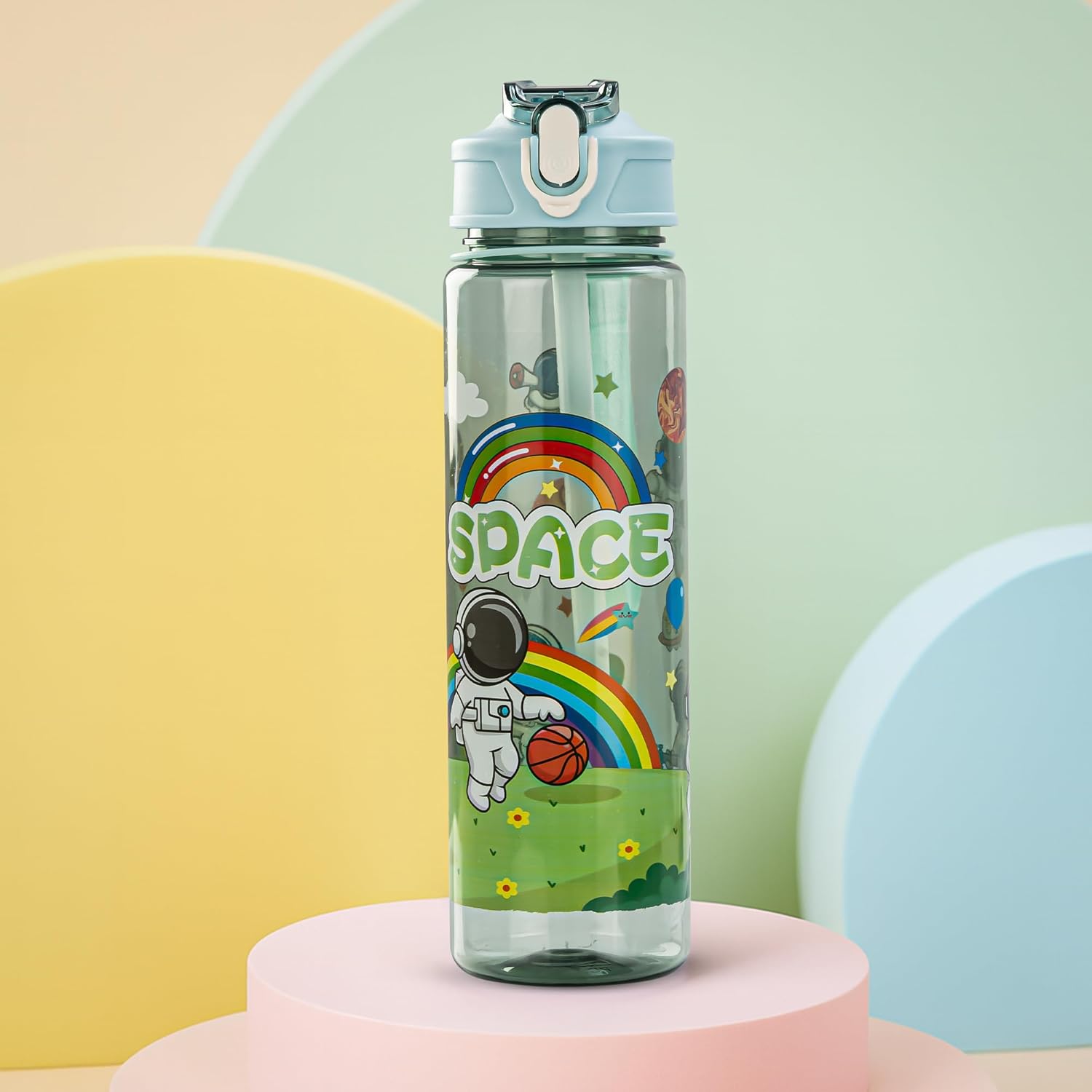 BAYBEE Galaxy Kids Water Bottle 800ml | Leak-Proof Baby Sipper Bottle with Flip Lock Lid & Silicone Straw | BPA-Free School Water Bottle for Boys & Girls, Drinking Training Sipper Bottle Kids (Green)