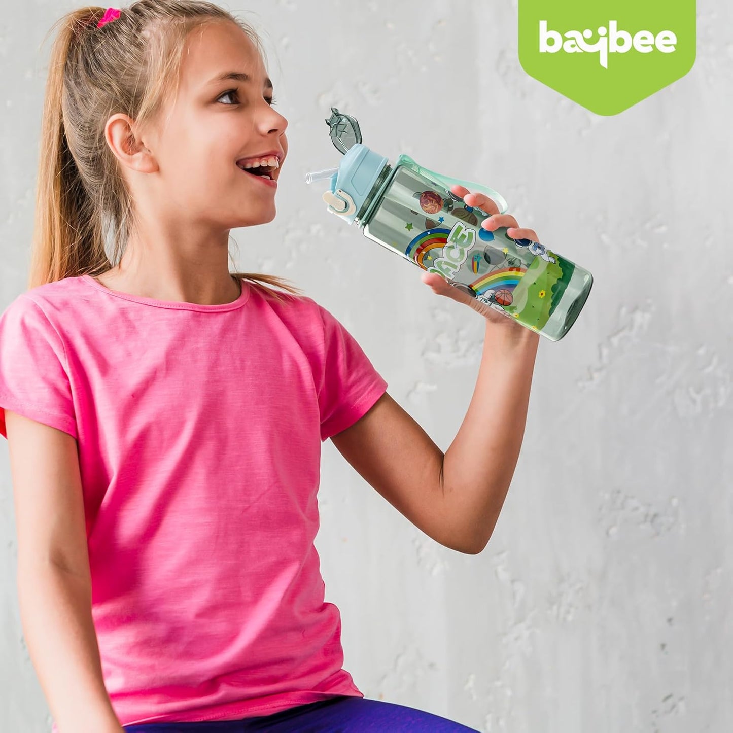 BAYBEE Galaxy Kids Water Bottle 800ml | Leak-Proof Baby Sipper Bottle with Flip Lock Lid & Silicone Straw | BPA-Free School Water Bottle for Boys & Girls, Drinking Training Sipper Bottle Kids (Green)