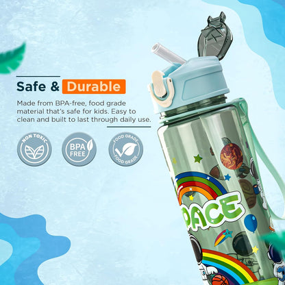 BAYBEE Galaxy Kids Water Bottle 800ml | Leak-Proof Baby Sipper Bottle with Flip Lock Lid & Silicone Straw | BPA-Free School Water Bottle for Boys & Girls, Drinking Training Sipper Bottle Kids (Green)
