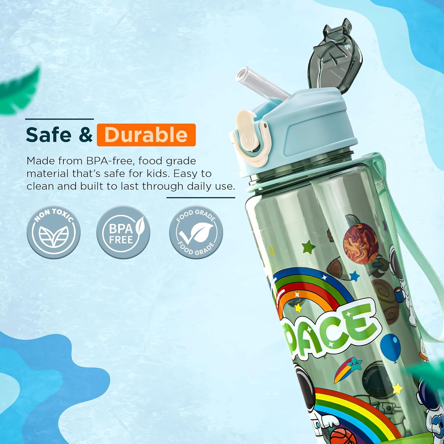 BAYBEE Galaxy Kids Water Bottle 800ml | Leak-Proof Baby Sipper Bottle with Flip Lock Lid & Silicone Straw | BPA-Free School Water Bottle for Boys & Girls, Drinking Training Sipper Bottle Kids (Green)