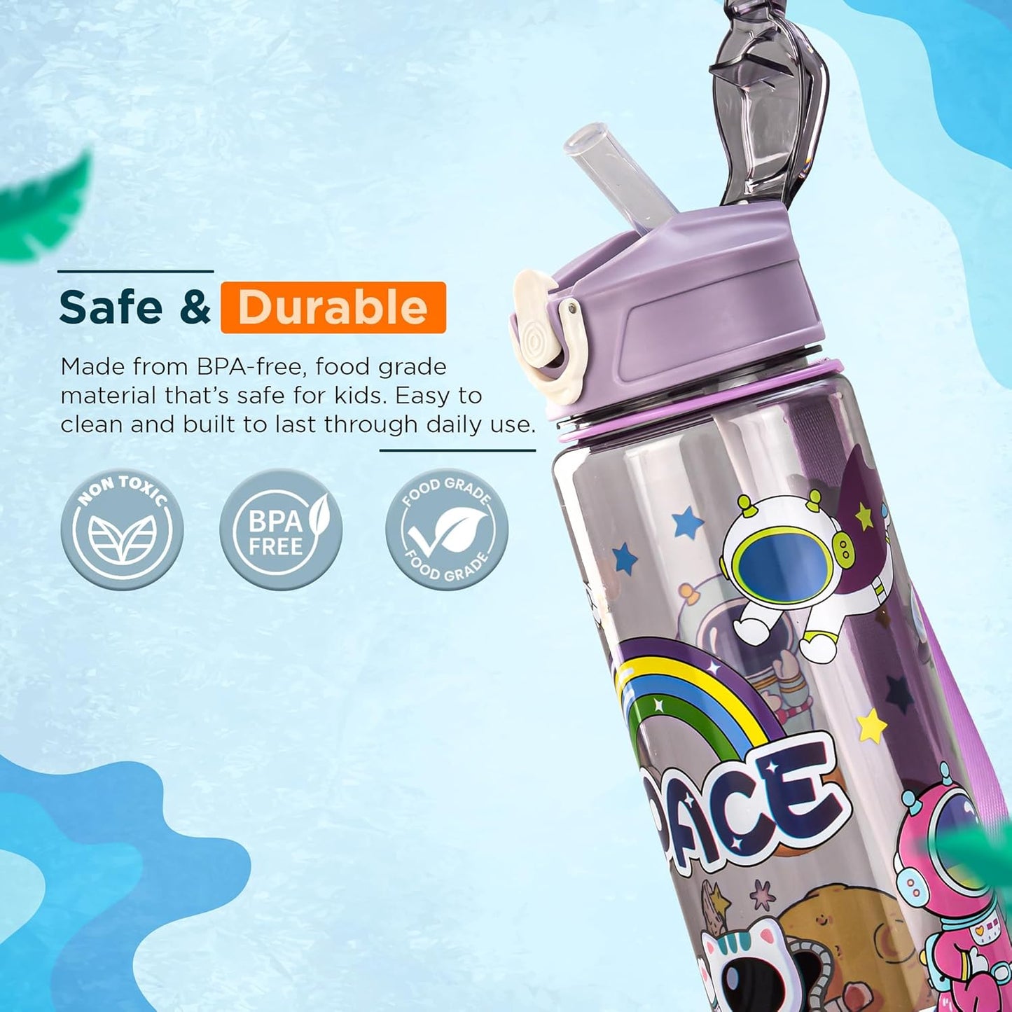 Baybee Galaxy Kids Water Bottle 800ml | Leak-Proof Baby Sipper Bottle with Flip Lock Lid & Silicone Straw | BPA-Free School Water Bottle for Boys & Girls, Drinking Training Sipper Bottle Kids (Purple)