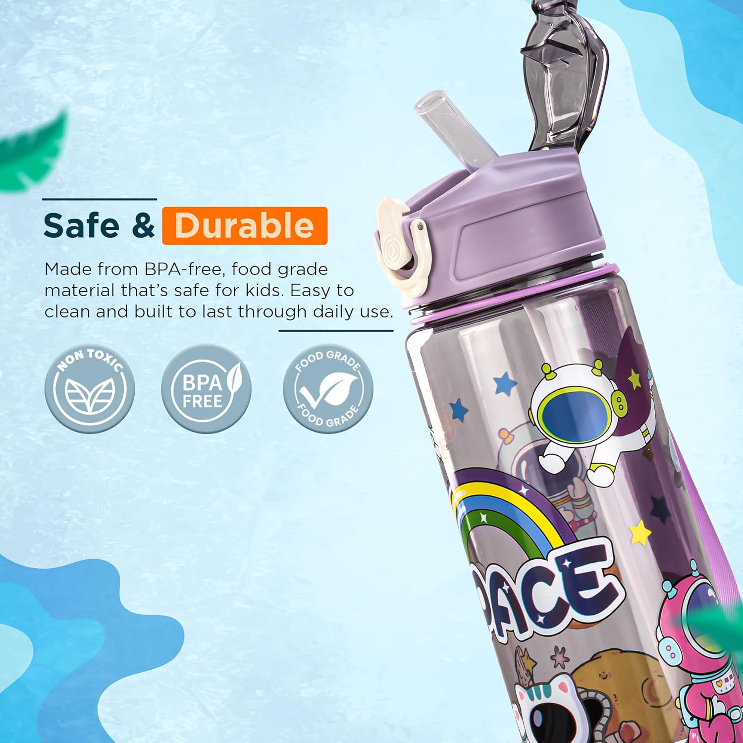 Baybee Galaxy Kids Water Bottle 800ml | Leak-Proof Baby Sipper Bottle with Flip Lock Lid & Silicone Straw | BPA-Free School Water Bottle for Boys & Girls, Drinking Training Sipper Bottle Kids (Purple)