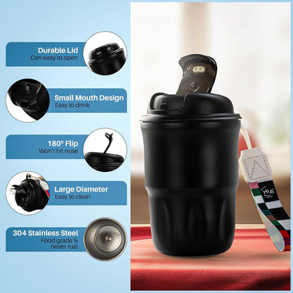 BAYBEE Sippy Cup with Lid & Straw for Kids | Spill Proof Stainless Steel Sipper Tumbler with Anti-Slip Silicone Grip � 420ml Insulated Coffee Mug | BPA-Free Hot & Cold Drinking Sippy Cup (Black)