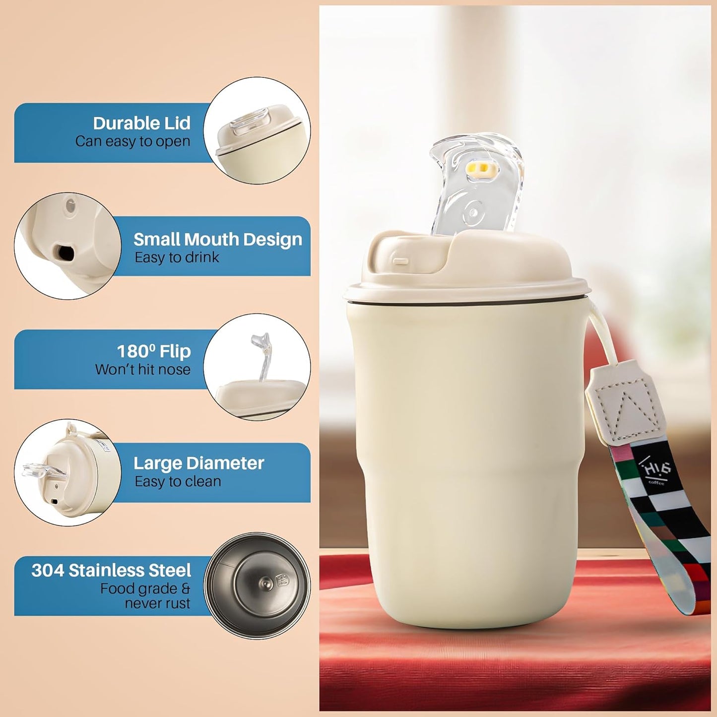 BAYBEE Sippy Cup with Lid & Straw for Kids | Spill Proof Stainless Steel Sipper Tumbler with Anti-Slip Silicone Grip � 420ml Insulated Coffee Mug | BPA-Free Hot & Cold Drinking Sippy Cup (White)