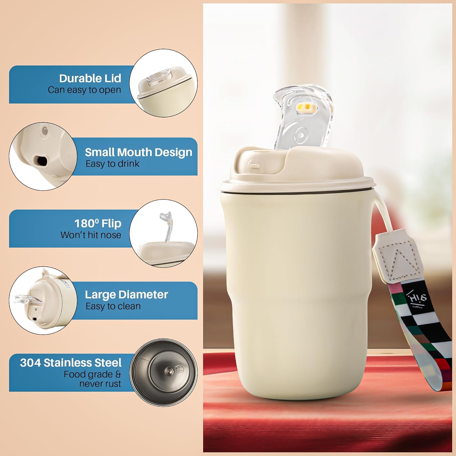 BAYBEE Sippy Cup with Lid & Straw for Kids | Spill Proof Stainless Steel Sipper Tumbler with Anti-Slip Silicone Grip � 420ml Insulated Coffee Mug | BPA-Free Hot & Cold Drinking Sippy Cup (White)
