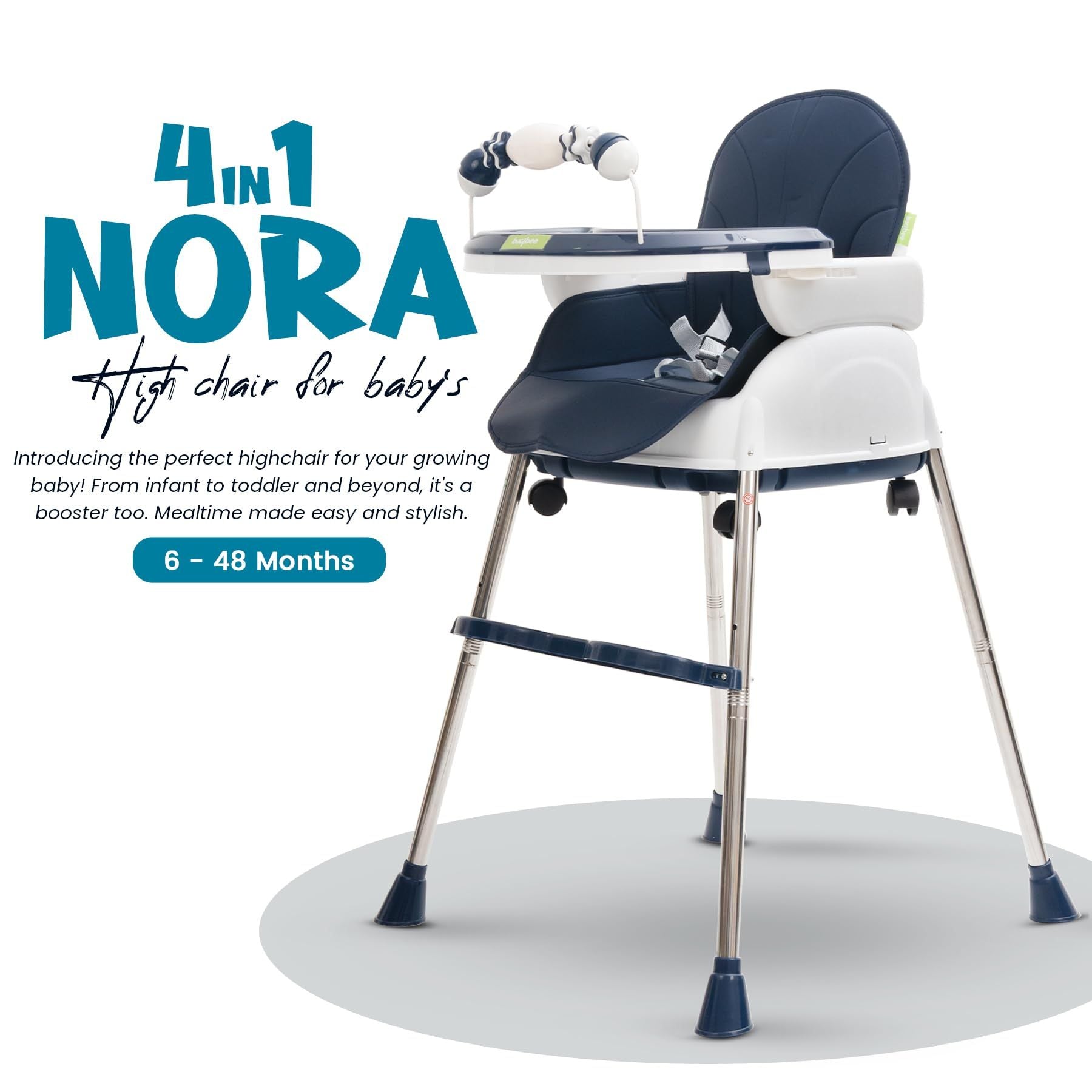 Baybee 4 in 1 Convertible High Chair for Kids with Adjustable Height and Footrest, Baby Toddler Feeding Booster Seat with Tray, Wheels, Safety Belt and Cushion, Boys & Girls 6 Months to 3 Years (Navy Blue)