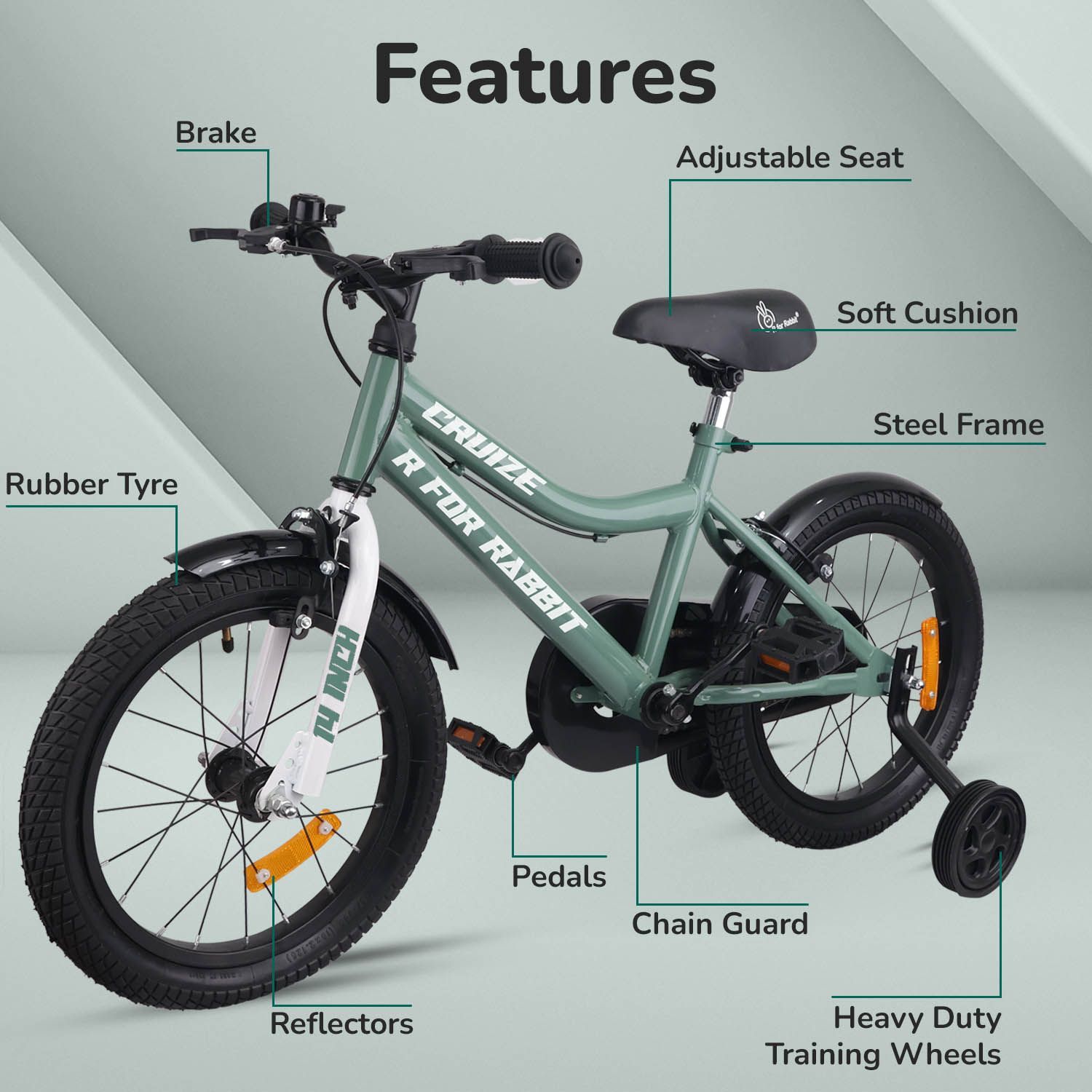 R for Rabbit Cruize Bicycle For Kids 14 Inch With 90% Plug N Play Installation Olive Green
