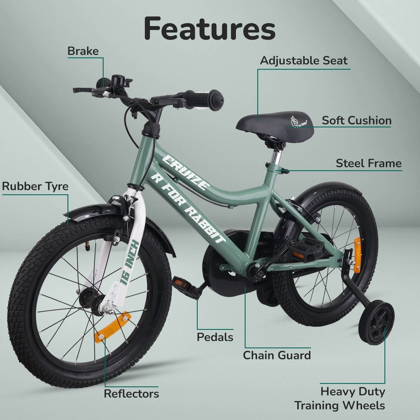 R for Rabbit Cruize Bicycle For Kids 16 Inch 90% Plug N Play Installation Olive Green