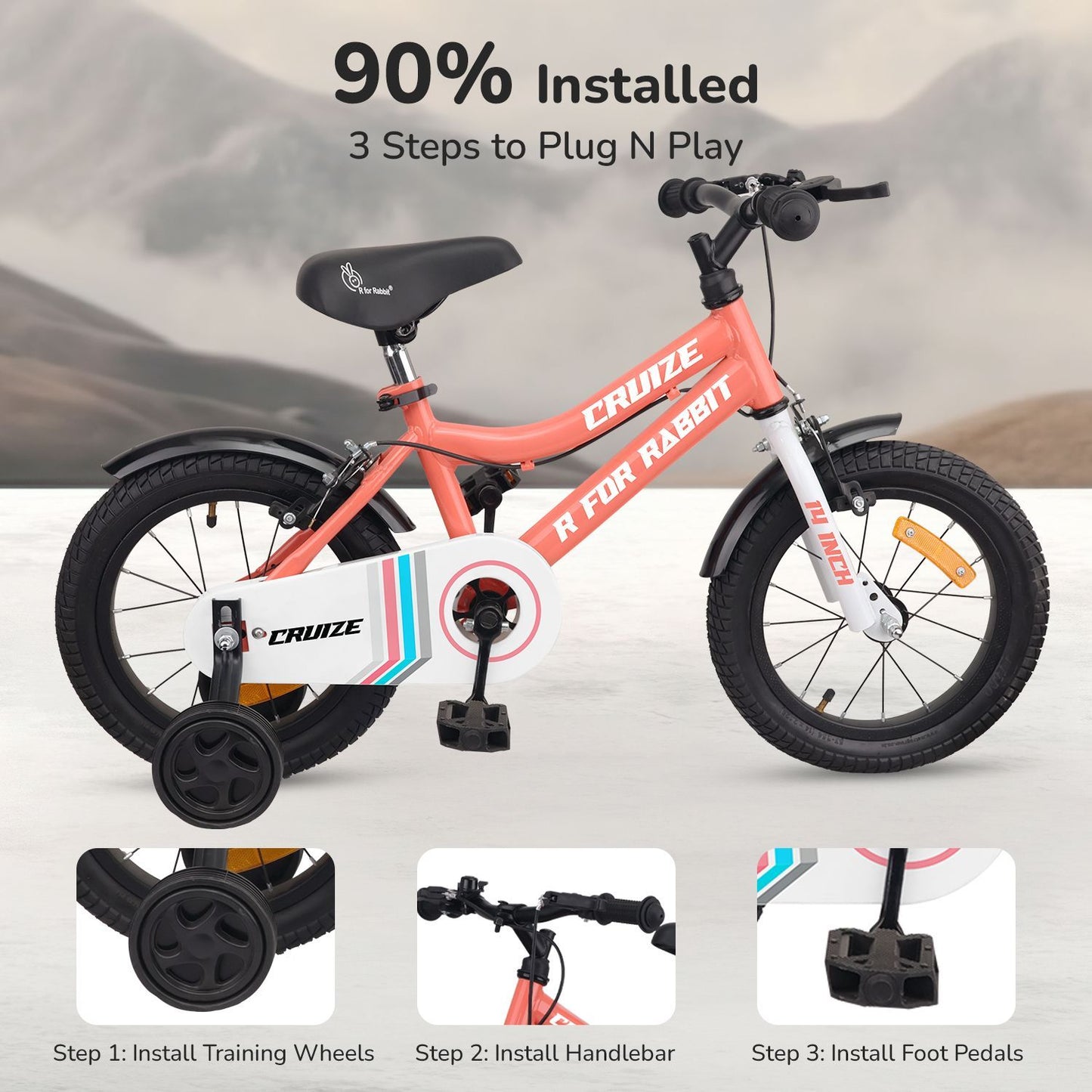 R for Rabbit Cruize Bicycle For Kids 14 Inch With 90% Plug N Play Installation Peach