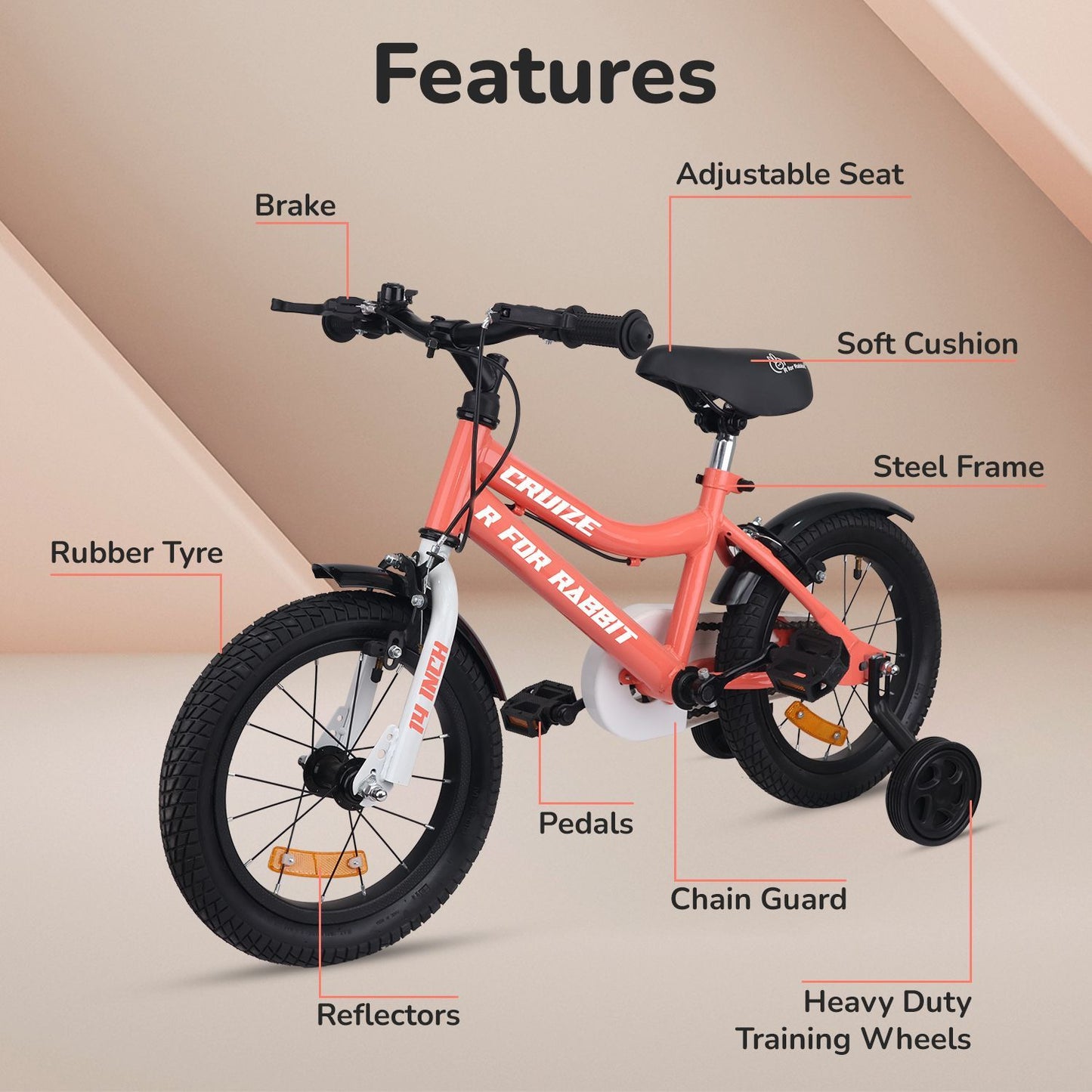 R for Rabbit Cruize Bicycle For Kids 14 Inch With 90% Plug N Play Installation Peach