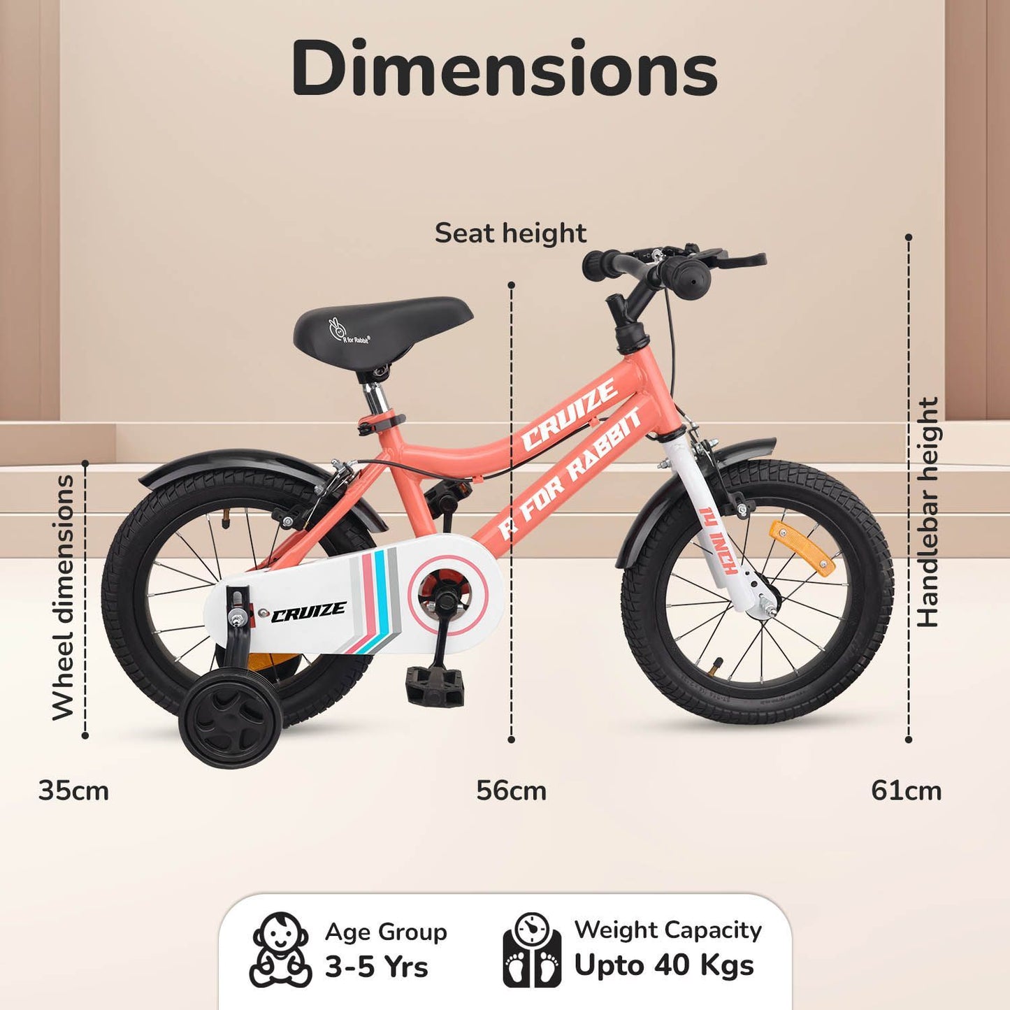 R for Rabbit Cruize Bicycle For Kids 14 Inch With 90% Plug N Play Installation Peach
