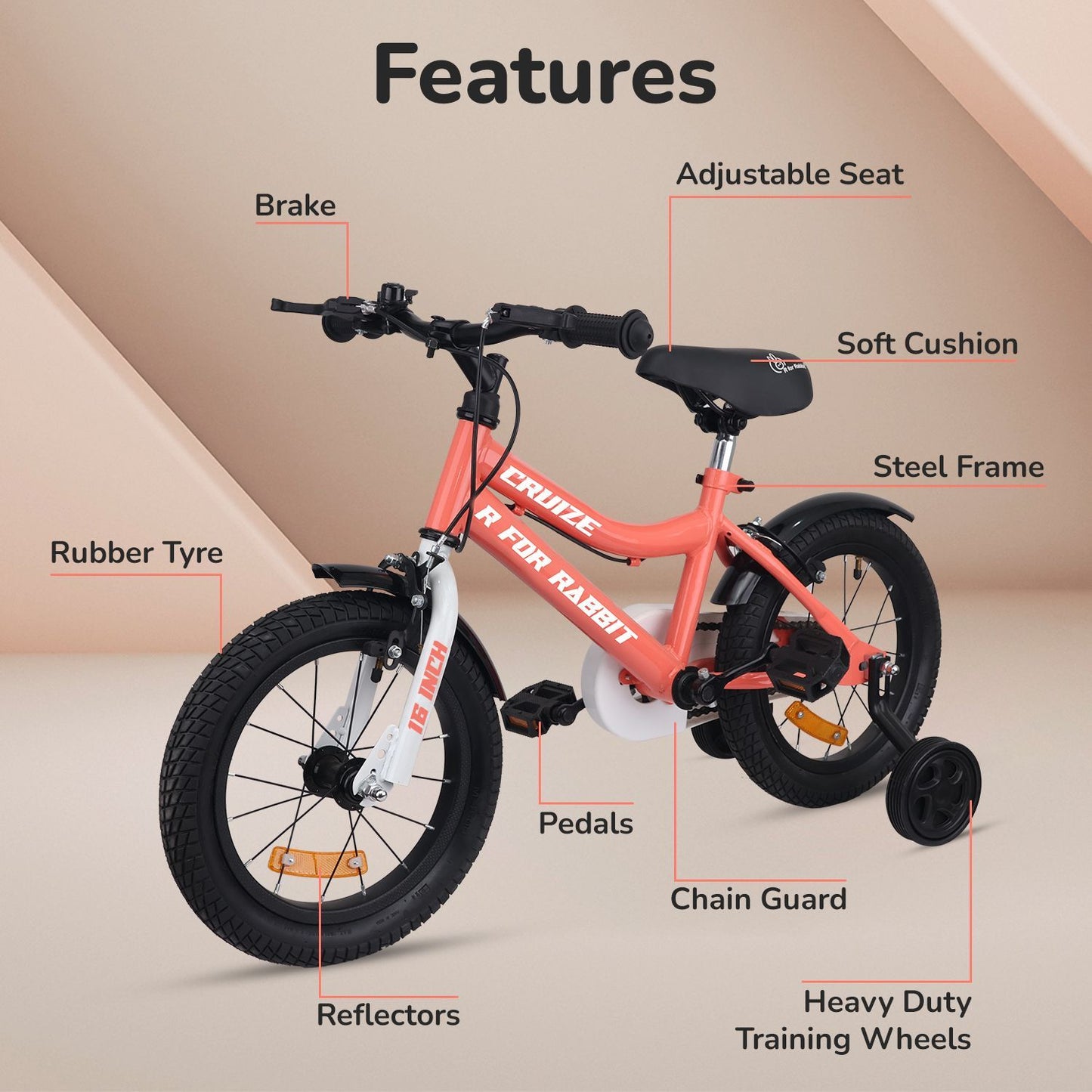 R for Rabbit Cruize Bicycle For Kids 16 Inch 90% Plug N Play Installation Peach